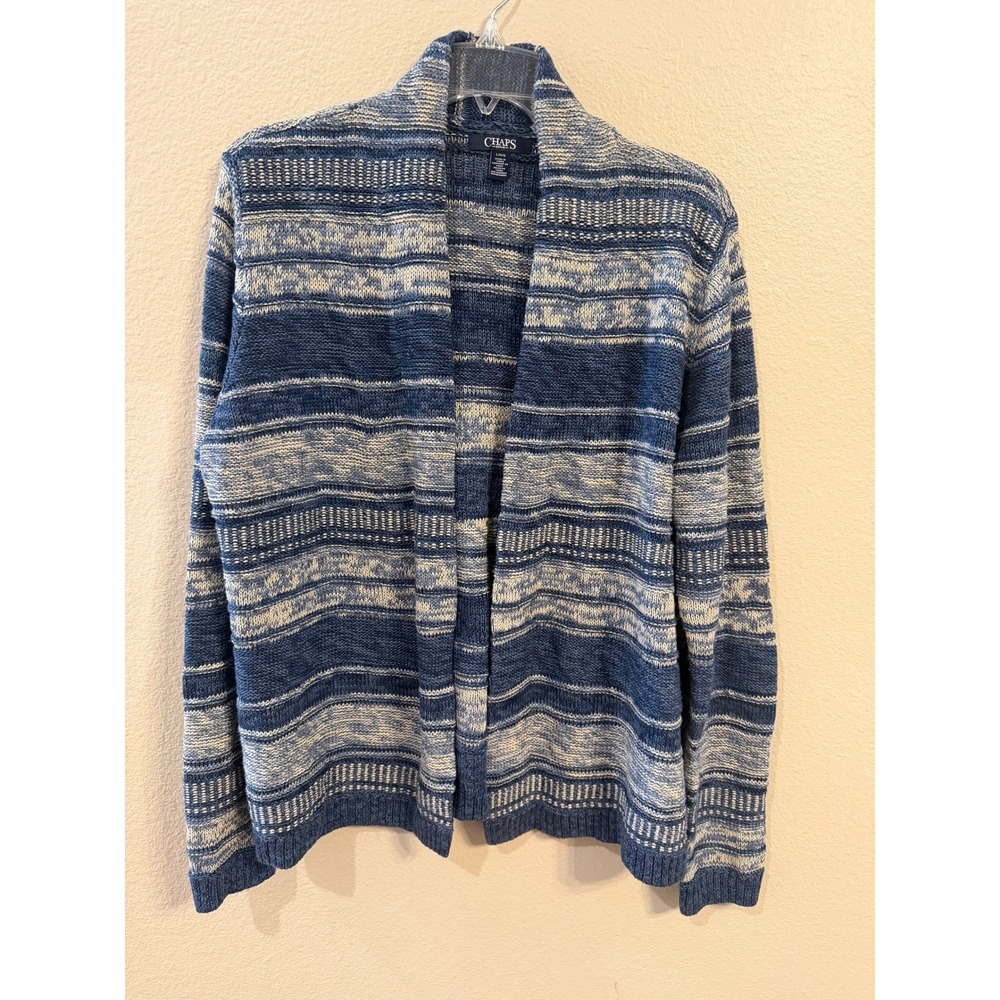 Chaps‎ Denim Cardigan Sweater Womens Large Blue Excellent Striped Open Front
